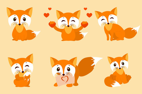 Set of cute foxes. Vector cartoon fox photo. Sitting with hearts, sweet, shy, with a leaf, looks fox. Sleek design