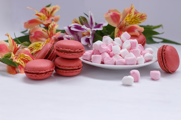 macaroons, marshmallows and flowers Alstroemeria on a white table