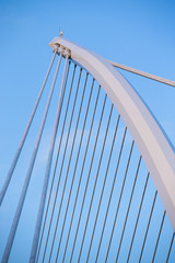 The Samuel Beckett Bridge crosses the Liffey River in Dublin. The structure, designed with a cable-stay method of suspension, is said to resemble an Irish harp.