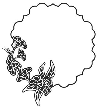 Black and white frame with flowers silhouettes.  vector clip art.