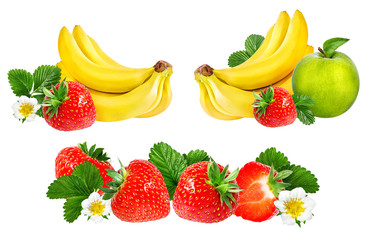 Bananas , strawberries and apples isolated on white