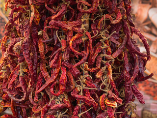 Fototapeta premium Display of hundreds dry red chili pepper