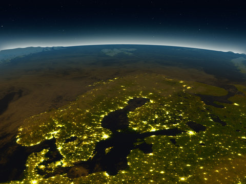 Scandinavian Peninsula from space in the evening