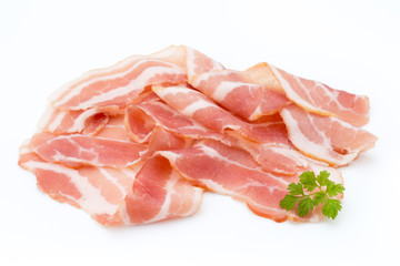 Bacon isolated on white background. Delikatese food.