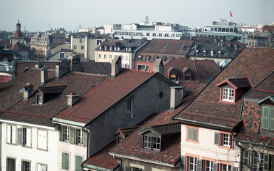 Rooftops of the city. Red tiled roofs, top view.