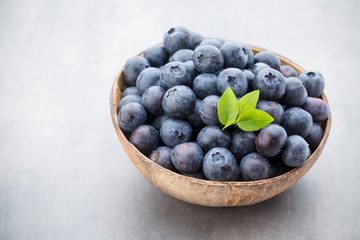 Fresh blueberries natural coconut in a bowl on a gray background.