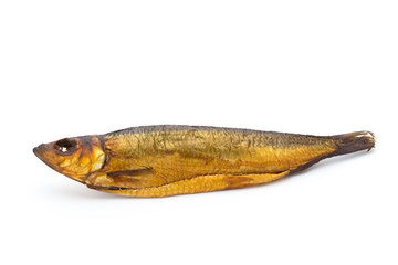 Smoked trout in front of a white background.