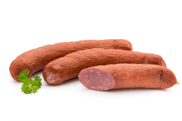 Smoked sausage on a white background.