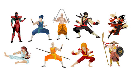 martial artists shaolin warriors and ninja fighters - obrazy, fototapety, plakaty