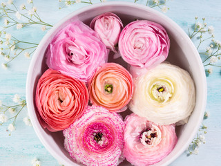 Beautiful pink ranunculus spring background. Woman mother's day wedding. Holiday elegant flower arrangement