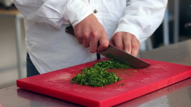 Close up shot of kitchener chopping grocery 