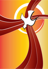 Holy Spirit symbol - a white dove with halo and a cross made of red rays