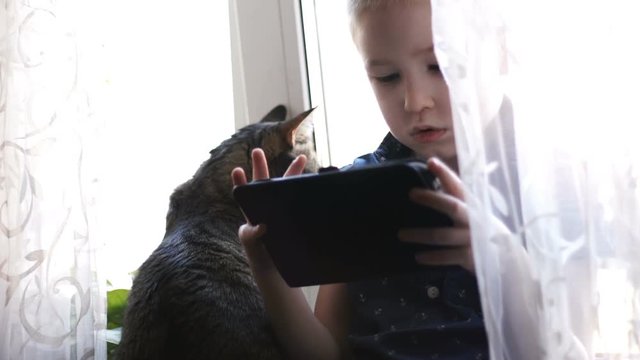 Child with a tablet and a cat