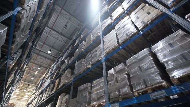 Logistics business and shipping facility with forklifts to move boxes and parcels. cardboard boxes inside a storage warehouse