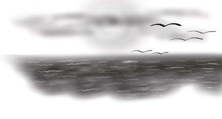 Colorful hand drawn black  blur abstract view of seagull and sea on the white background, isolated illustration painted by watercolor and pen ink, high quality
