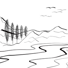 Abstract hand drawn view of mountain, forest and road on white background, isolated illustration painted by watercolor, pen ink on canvas, high quality