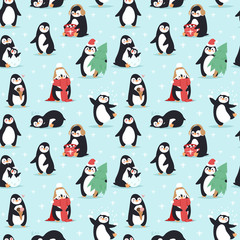 Christmas penguins seamless pattern vector