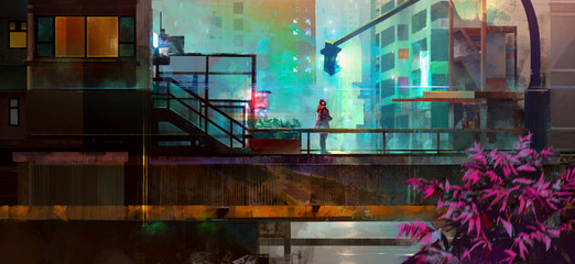 Painted urban future city with a man