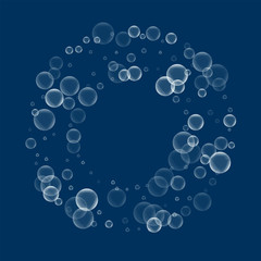Fototapeta na wymiar Random soap bubbles. Round bagel frame with random soap bubbles on deep blue background. Vector illustration.