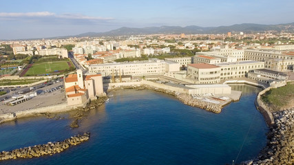 Aerial view of Leghorn coast at sunset, Tuscany