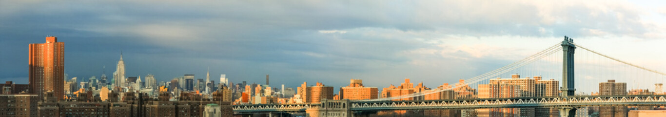 New York City skyline in sunset or sunrise light.
