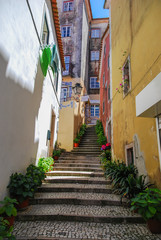 Fototapeta na wymiar Steep narrow stairs with pot flowers between rustic colorful buildings in Lisbon
