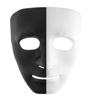The mask with two colors black and white isolate on white background, concept of good and bad