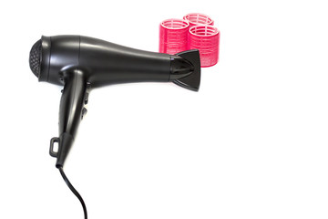 Hair dryer and curlers for large curls, isolated