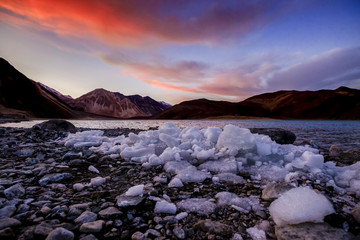 Beautiful Pangong Lake (Pangong Tso) in sunset time, Ladakh, India