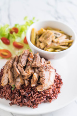 pork and curry water spinach soup with berry rice