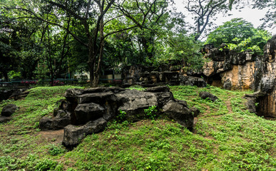 A little artificial hill with rocks made from cement surrounding by trees photo taken in Jakarta Indonesia