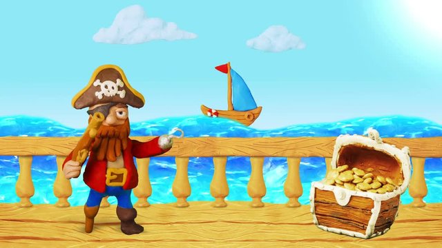 Happy Cartoon Pirate speak and Treasure chest. Summer Sea. Clay animation. 4K