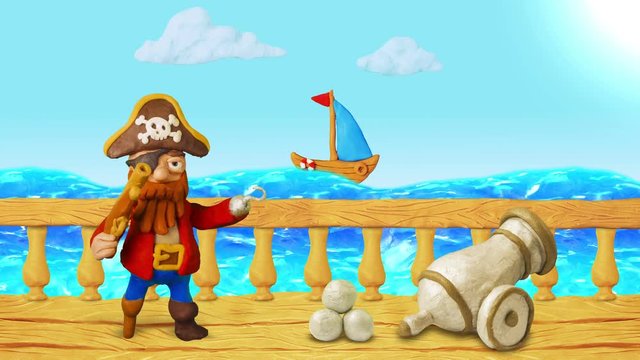 Happy Cartoon Pirate speak and Cannon. Summer Ocean. Clay animation. 4K