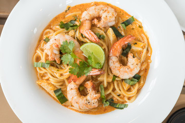Tom Yum Spaghetti with Shrimp.