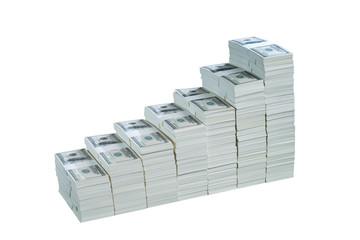 Front image of stack of dollars in increasing steps on white background