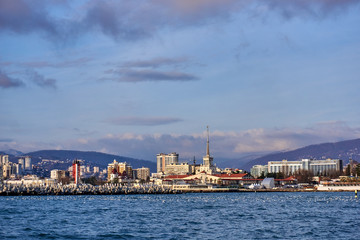 Naklejka premium Seaport building at sunset in Sochi, Russia