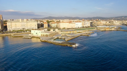 Beautiful sunset aerial view of Leghorn coast along Mascagni Terrace, Italy
