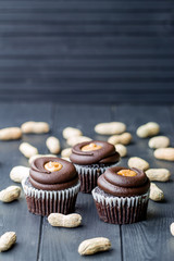 Chocolate cupcakes filled with peanut butter and topped with chocolate mousse. Homemade bakery. Rustic background.