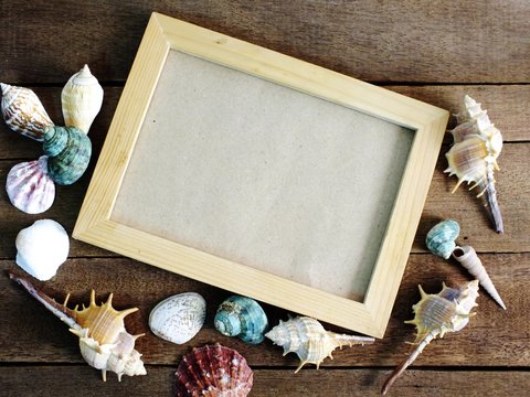 frame for a photo in a marine style on wooden background summer concept