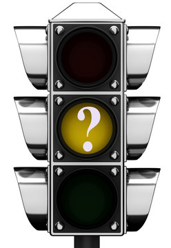 3d Traffic light with question mark isolated on a white background