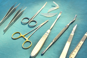 Surgical instruments, silicone nasal implant and silicone chin implants in operating room