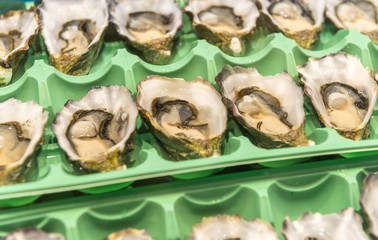 Fresh Oysters Section On Retail Supermarket