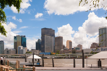 Brisbane River and South Bank with high rise buildings in Brisbane, Australia