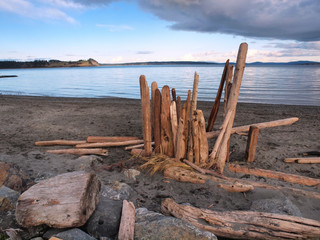 Driftwood on the sandy ocean beach. Island View beach, Vancouver Island, BC