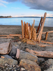 Driftwood on the sandy ocean beach. Island View beach, Vancouver Island, BC