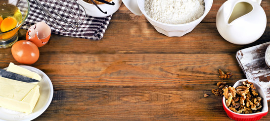 baking ingredients on a wooden background
