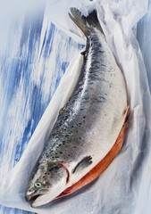Fresh raw whole Salmon . Healthy food.