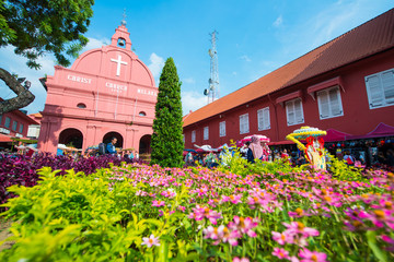Red christ church landmark of Melaka town - obrazy, fototapety, plakaty