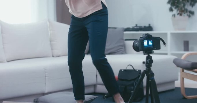 RL DOLLY Young attractive Caucasian girl shooting a beauty fashion video blog at home. 4K UHD RAW edited footage