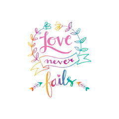 Love never fails inscription. Greeting card with calligraphy.
